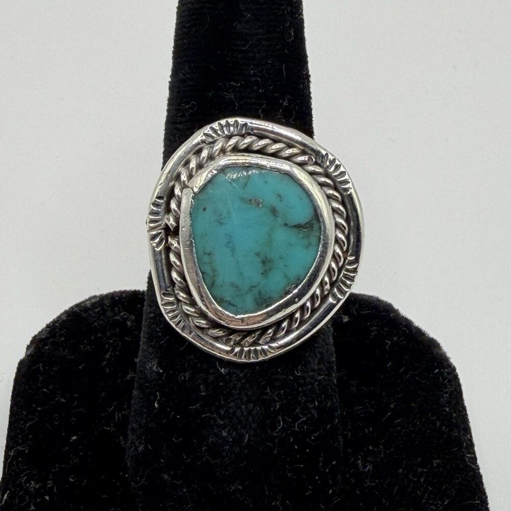 925 Sterling Silver Turquoise Ring Size 7 Southwestern Rope Border 5.9g
